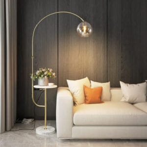Sleek modern arc floor lamp with shelf, wireless charger, and USB-in jack.