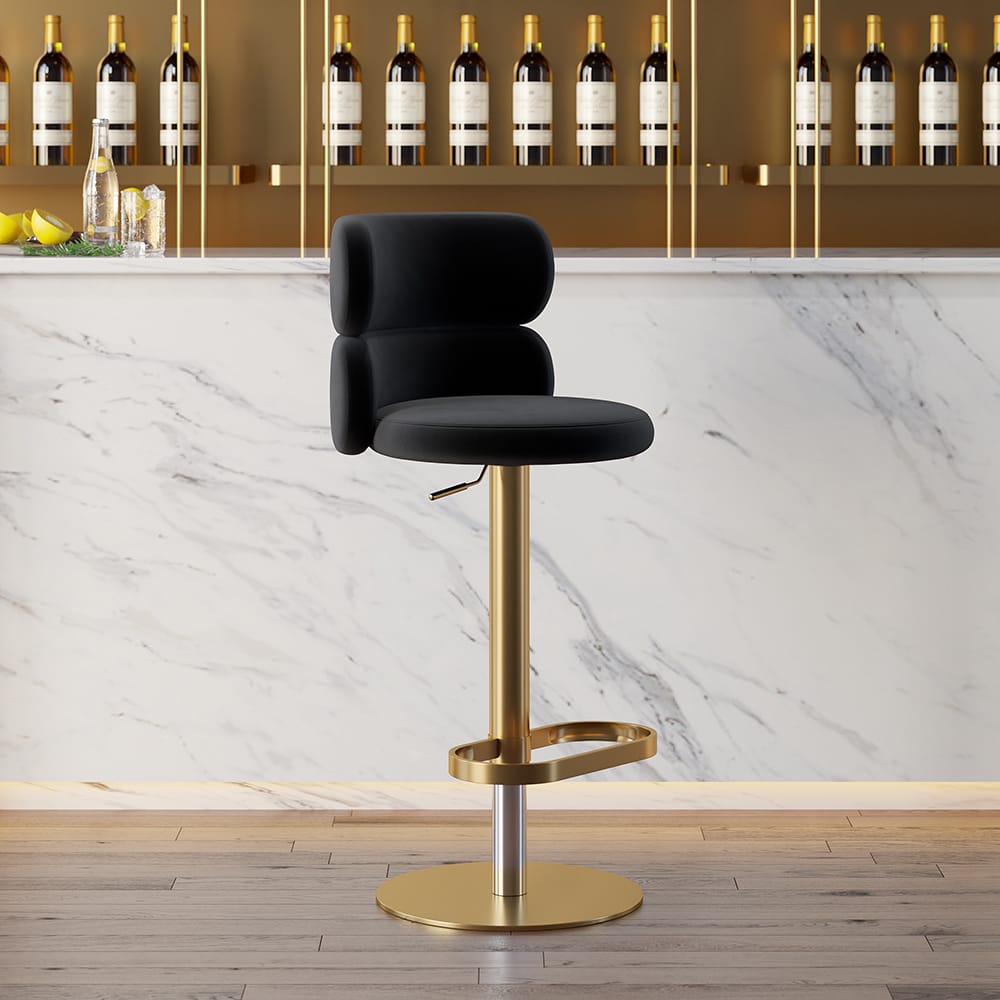 Plush velvet adjustable bar stool with a curved backrest and swivel function.