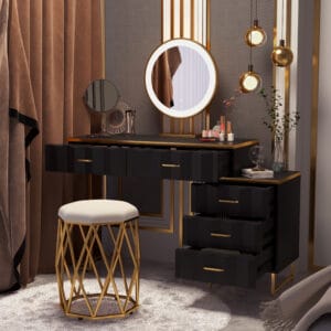 Elegant black extendable dressing table with dimmable LED mirror and plush velvet stool.