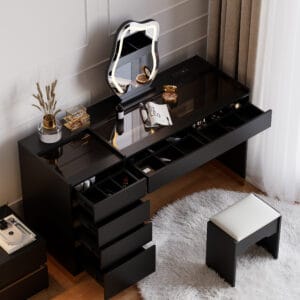 Stylish black makeup vanity set featuring a lighted mirror and organized storage.