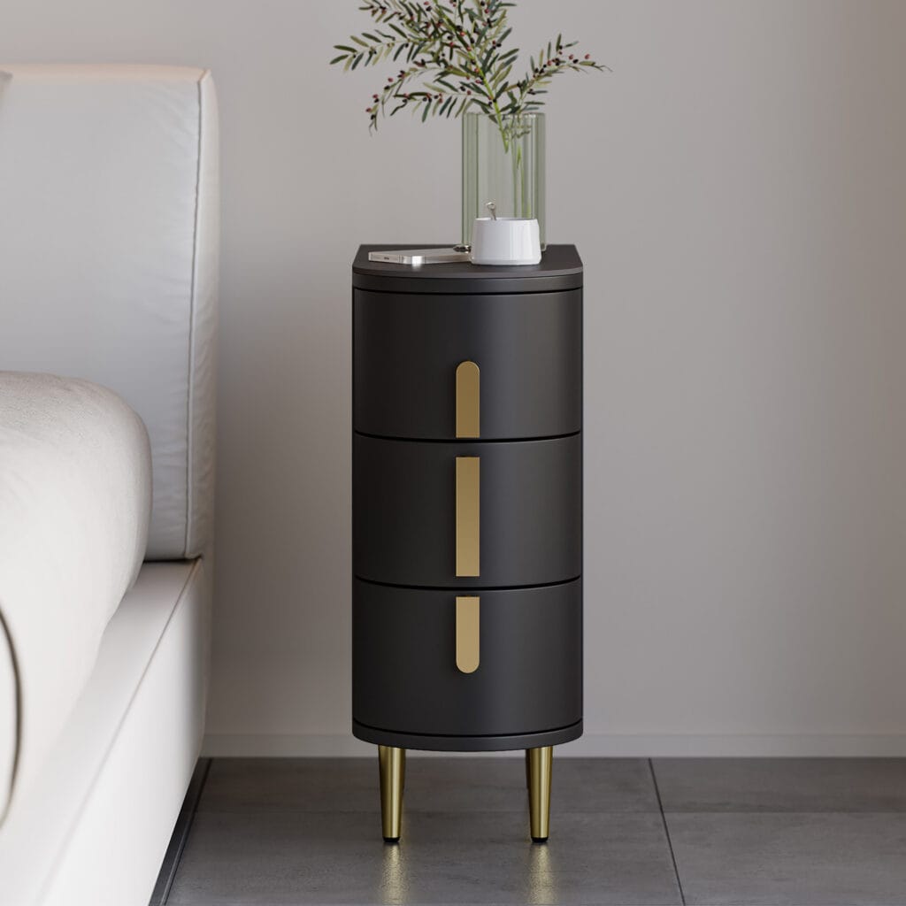 Sleek 3-drawer narrow nightstand featuring a sintered stone top and gold accents, modern black nightstand.