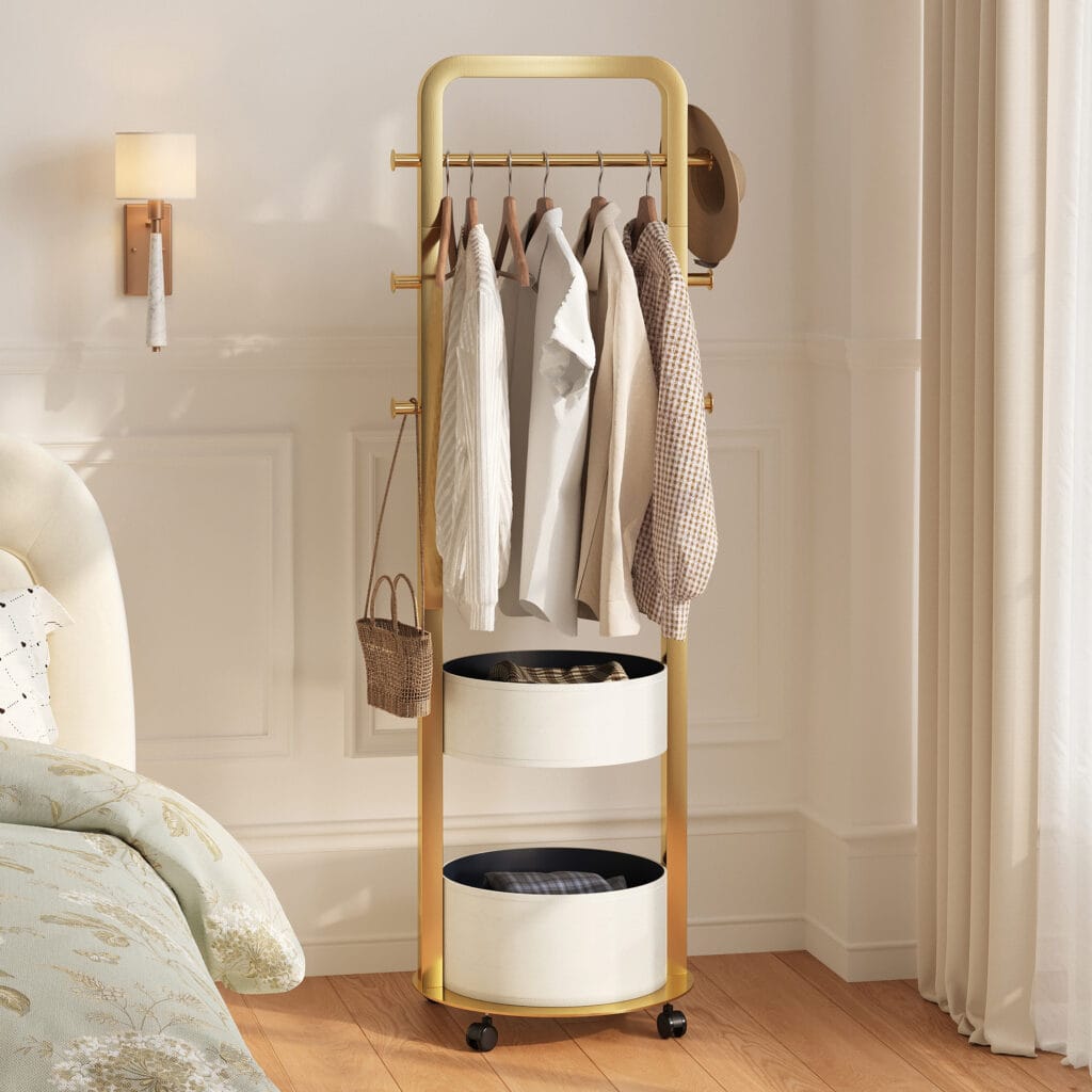 Sleek modern coat rack stand featuring stainless steel frame and two trays for organization.