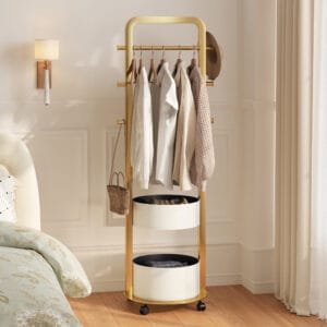 Sleek modern coat rack stand featuring stainless steel frame and two trays for organization.