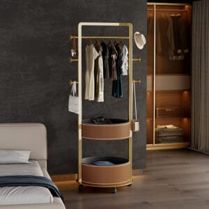 Sleek modern coat rack stand features a stainless steel frame and two trays.