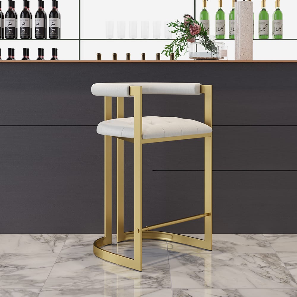 The Sicotas Collection 53 Modern low-back gold counter stool set with a shiny pedestal base for durability.