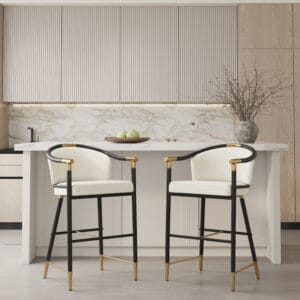 Stylish beige velvet counter stools set featuring a supportive seat, back, and armrests.