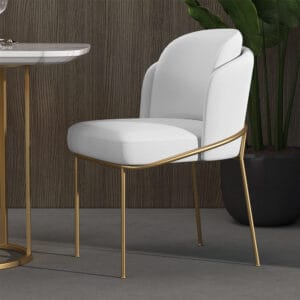 Modern white dining chair set featuring plush linen upholstery and a sturdy gold metal frame.