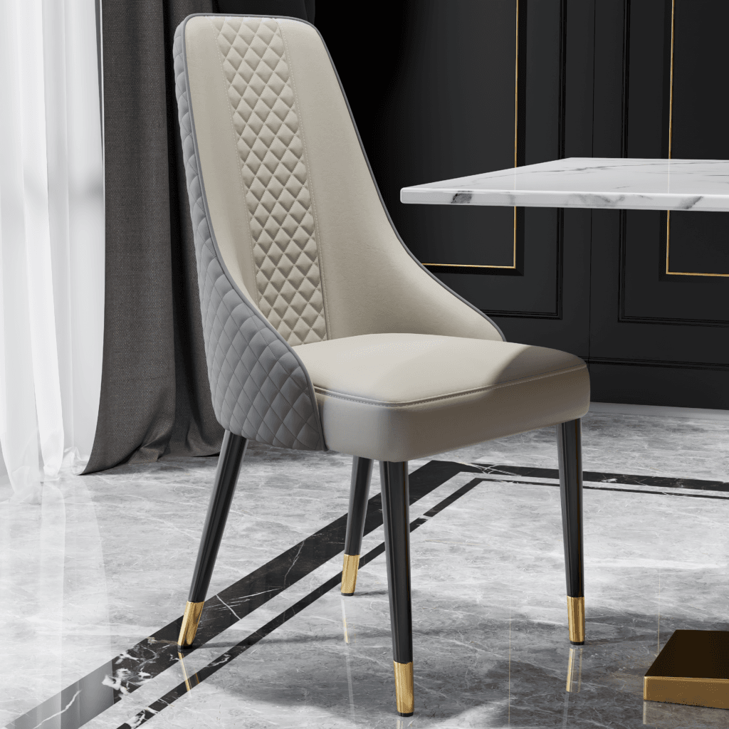 Stylish faux leather dining chairs feature a high back and cushioned seat for comfort.