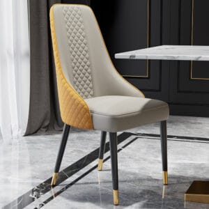 Stylish modern dining chairs set upholstered in faux leather with high back design.