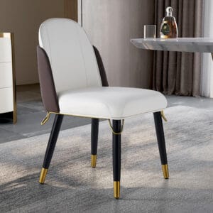 Comfortable upholstered modern dining chairs with padded seats and sturdy metal bases.