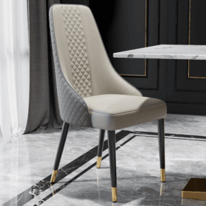 Comfortable faux leather dining chairs featuring a high back and cushioned seat.