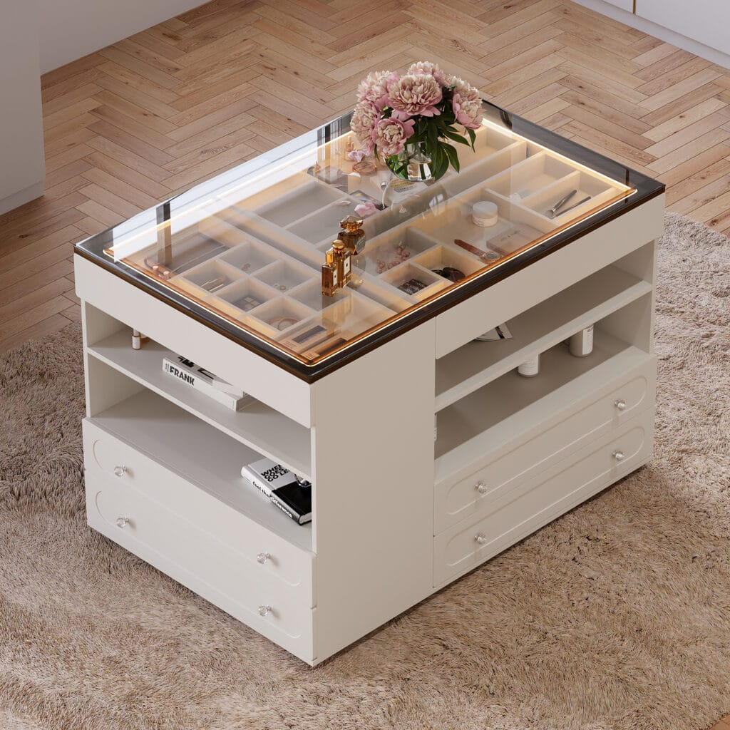 Dressers 12 Organize your essentials elegantly with this Modern Dresser with Jewelry Storage featuring LED lighting.