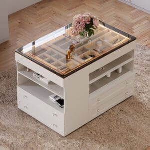 Organize your essentials elegantly with this Modern Dresser with Jewelry Storage featuring LED lighting.