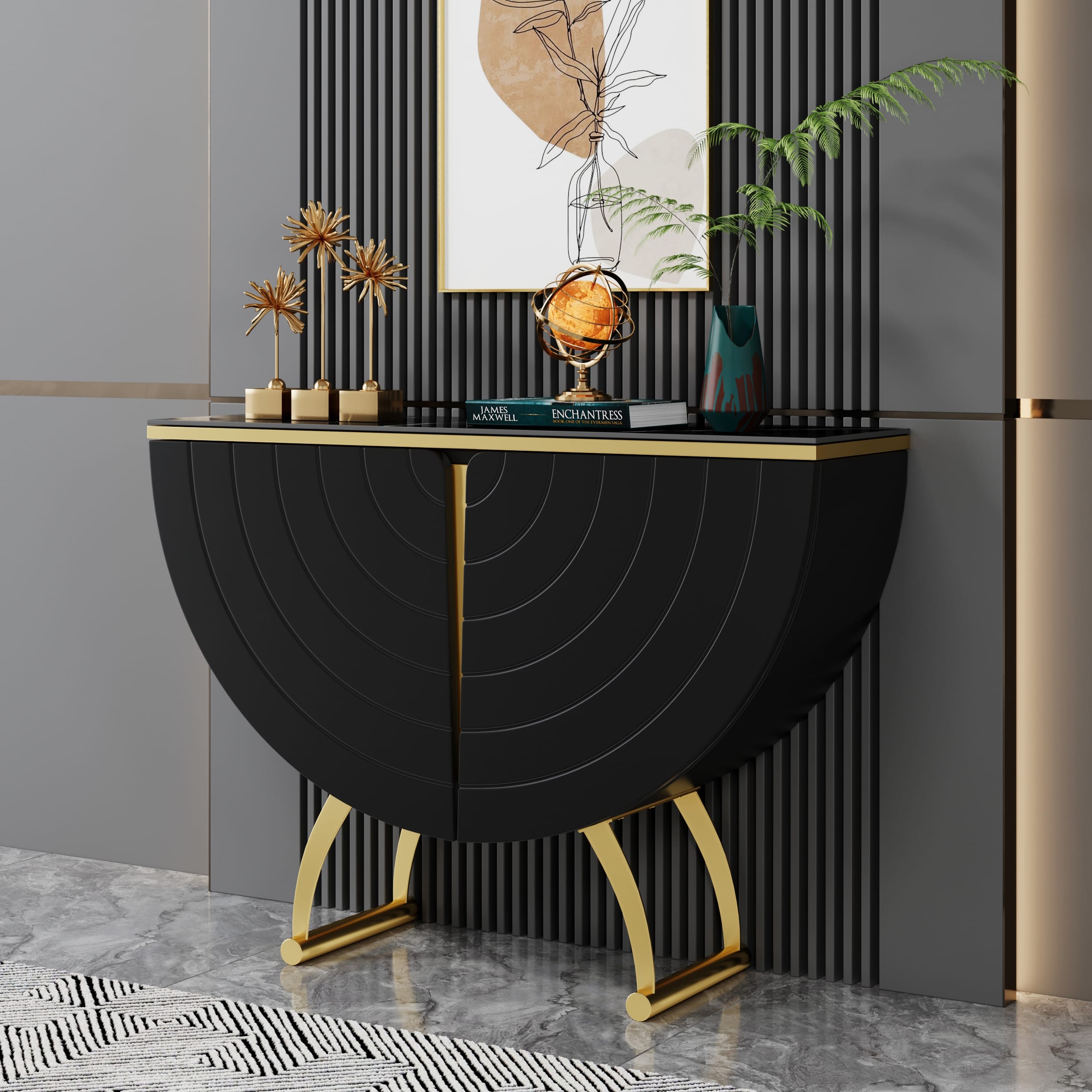 Gold Console Table With Storage - Luxurious Entryway Cabinet 1 Exquisitely crafted door panel on a gold console table with storage and entryway cabinet.