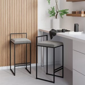 Stylish gray velvet counter stools with foam cushioned seats and metal frames for stability.