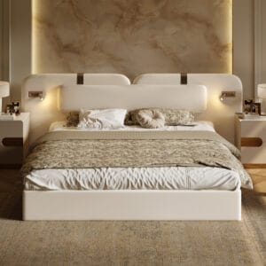 Sophisticated king size faux leather bed featuring integrated reading lights and adjustable slats.