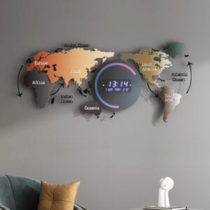 Intricate world map wall clock designed as a stylish home decor art piece.