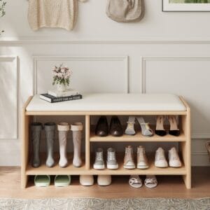 Stylish leather entryway bench with soft white tri-proof leather seat and ample storage.