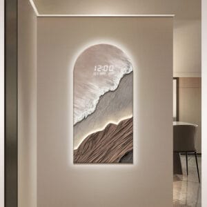 Elegant LED wall clock contemporary featuring a digital display on a textured backdrop.