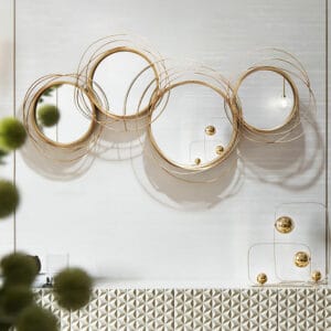 Geometric wall mirror featuring distressed white and gold tones, a modern luxury gold wall mirror.