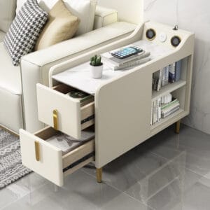 Sintered stone top modern multifunctional narrow side table with built-in speaker and USB port.