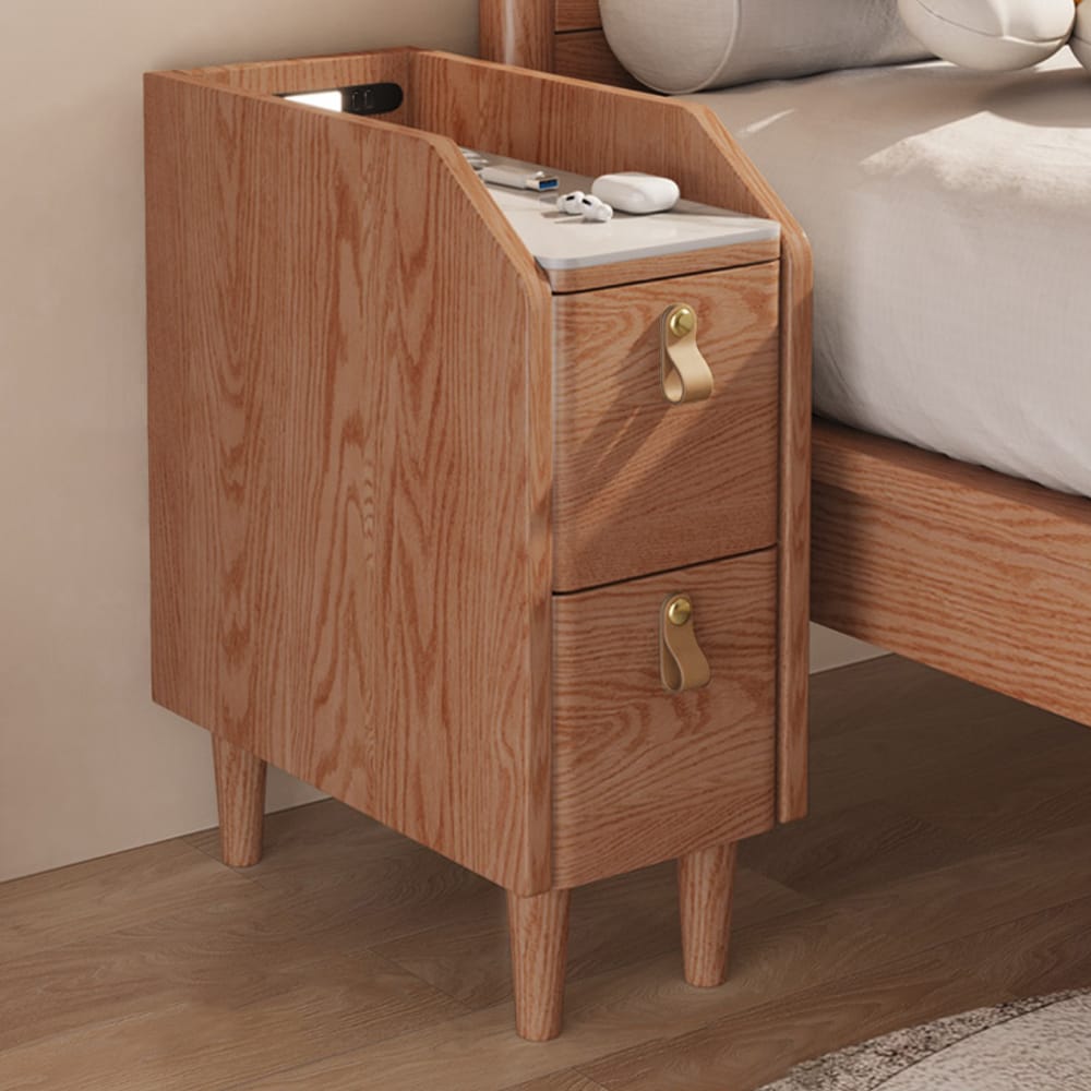 Stylish cherry nightstand with USB, featuring a narrow design and elegant sintered stone top.
