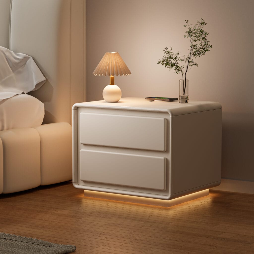 Bedroom Furniture 7 Soft modern nightstand with charging features ambient light and tidy storage for essentials.