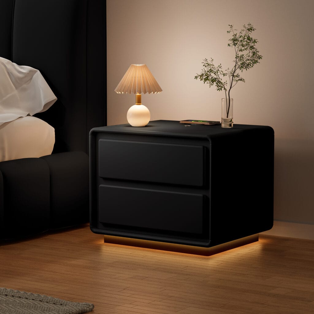 Soft modern off-white nightstand with charging, featuring ambient light and tidy storage.
