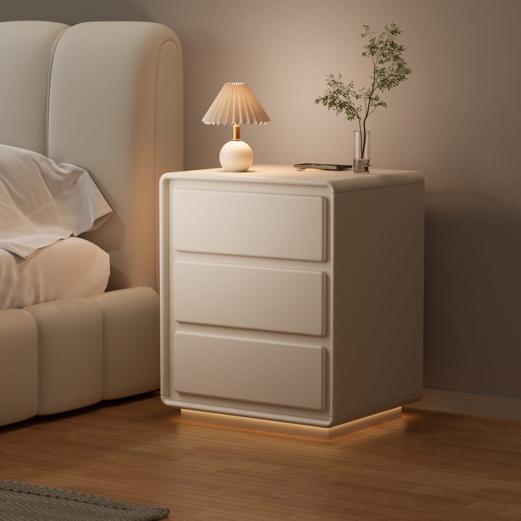 Bedroom Furniture 8 Soft modern nightstand with charging features ambient light and tidy storage for essentials.
