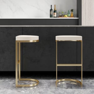 Stylish Off White Counter Stool Set featuring a foam-cushioned PU leather seat and walnut-finished legs.