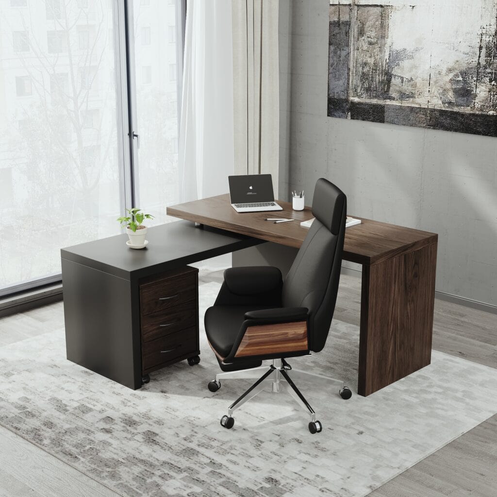 Modern L-shaped office desk set featuring a movable file cabinet and premium leather chair.