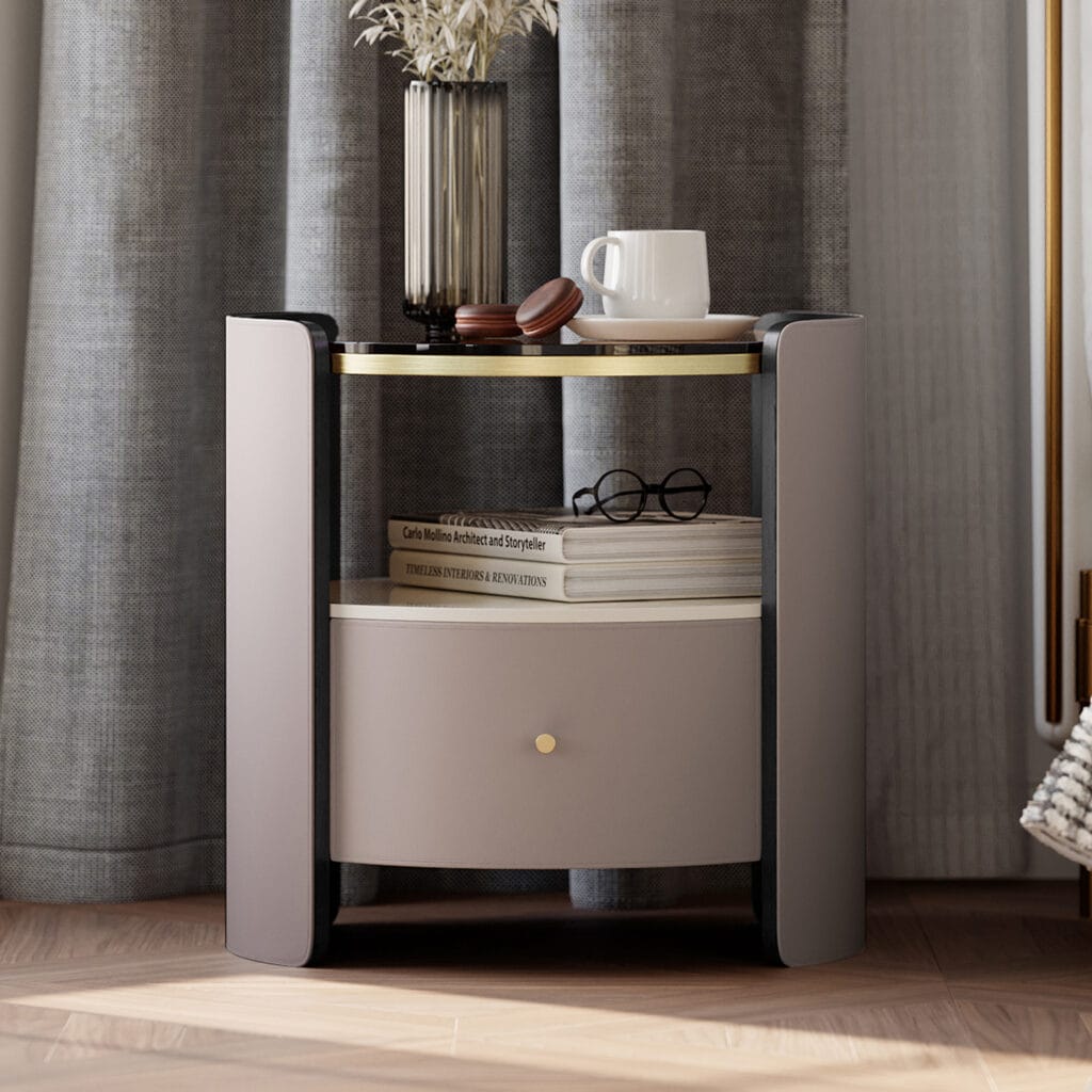 Bedroom Furniture 4 Sophisticated modern gray leather nightstand showcasing luxurious craftsmanship and elegant design.