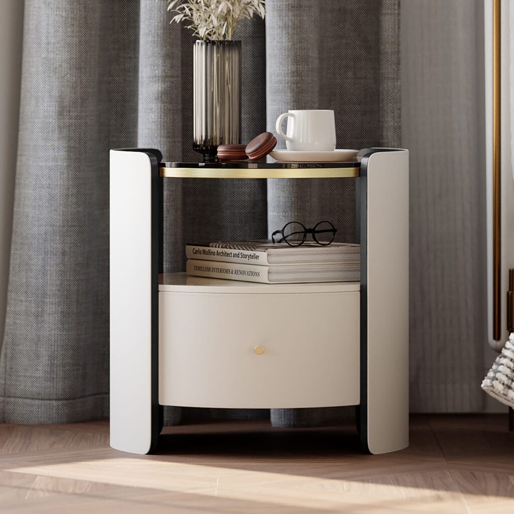 Sophisticated modern design of a white leather nightstand showcasing luxurious craftsmanship.