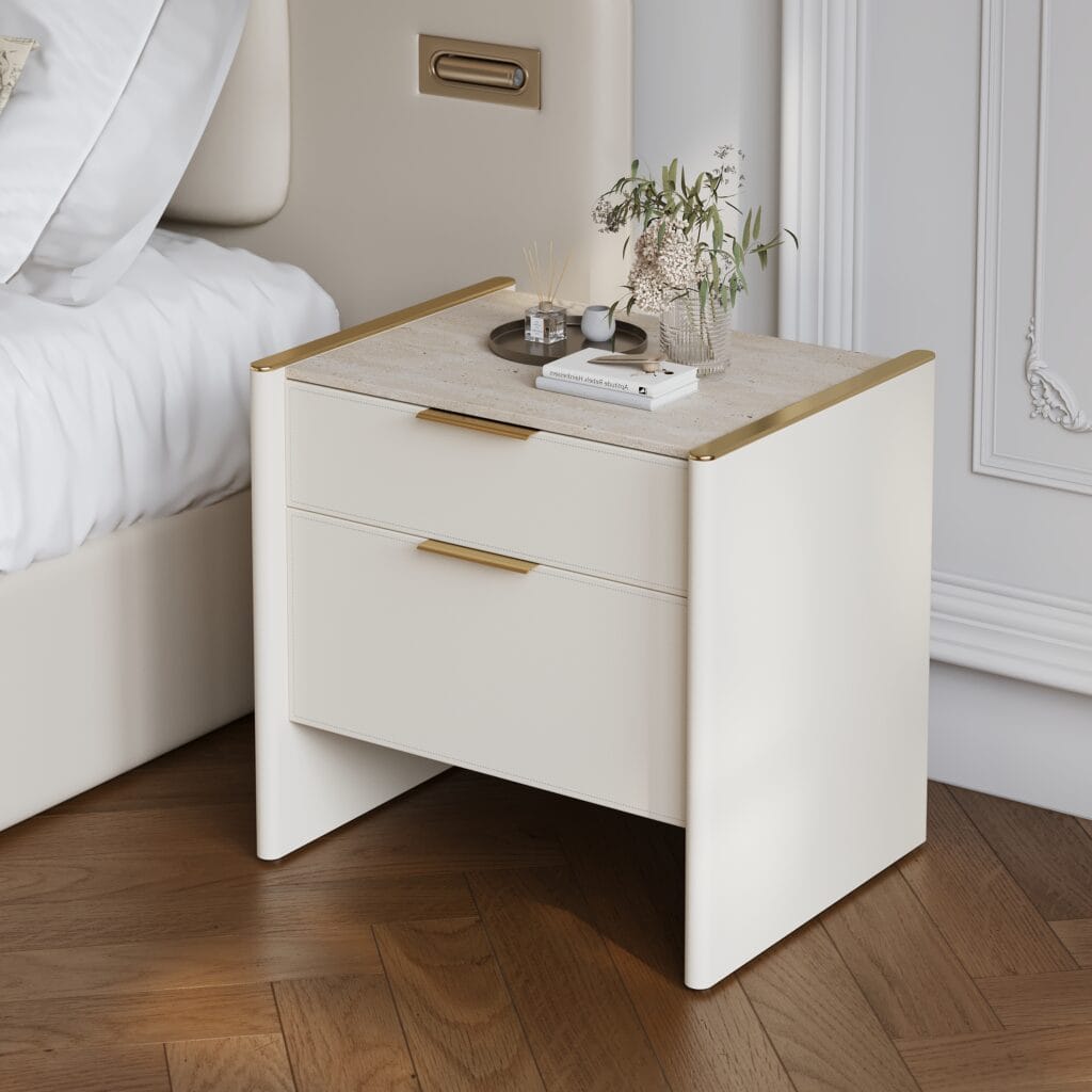 Bedroom Furniture 7 Stylish modern leather nightstand featuring faux travertine stone top and stainless steel trim.