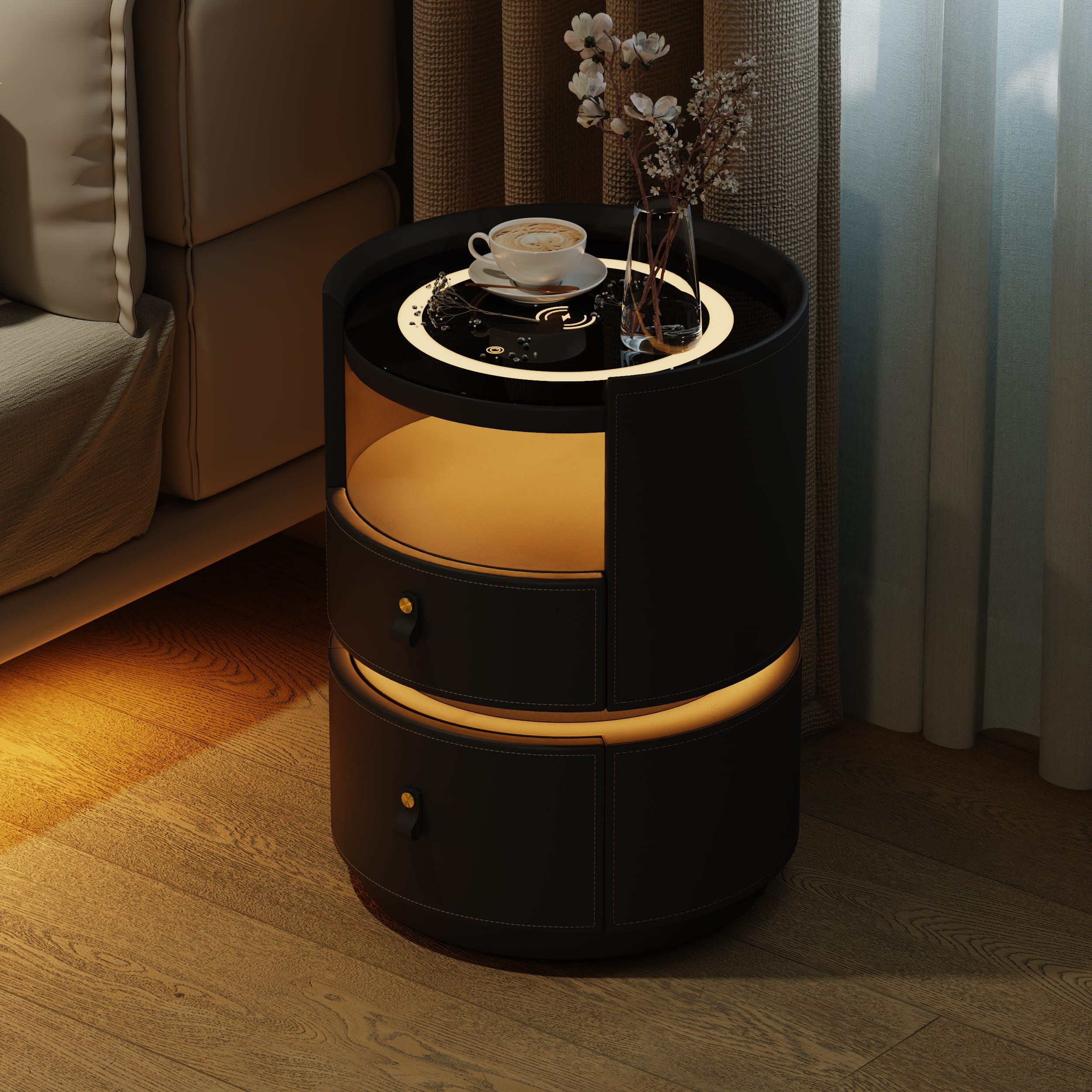 Luxurious Saddle Leather Smart Nightstand 1 Sophisticated saddle leather smart nightstand featuring wireless charging and adjustable lighting.