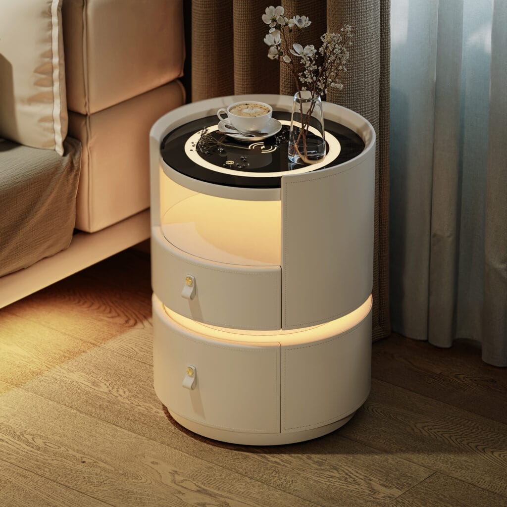 Sophisticated saddle leather smart nightstand featuring wireless charging and adjustable lighting.