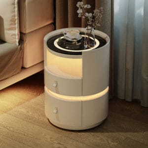 Sophisticated saddle leather smart nightstand featuring wireless charging and adjustable lighting.