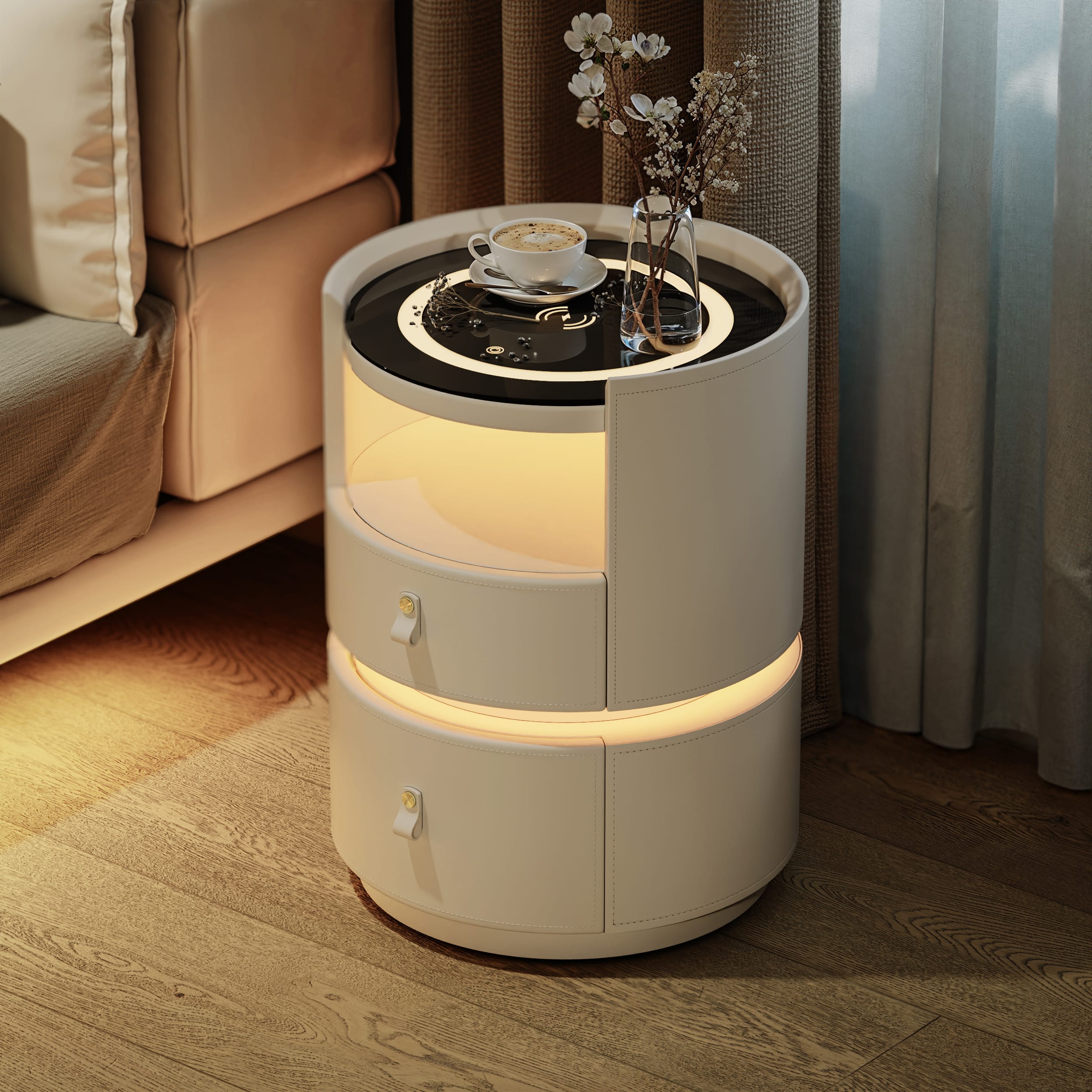 Luxurious Saddle Leather Smart Nightstand 1 Sophisticated saddle leather smart nightstand featuring wireless charging and adjustable lighting.