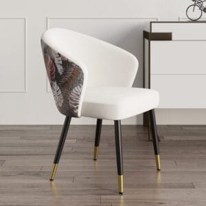 Comfortable velvet dining chairs with cushioned seats and sturdy black and gold legs.