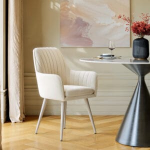 Stylish velvet dining chair set featuring padded seats and sleek sand metal legs.