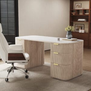 Modern office desk and chair set featuring a sintered stone top and ergonomic design.