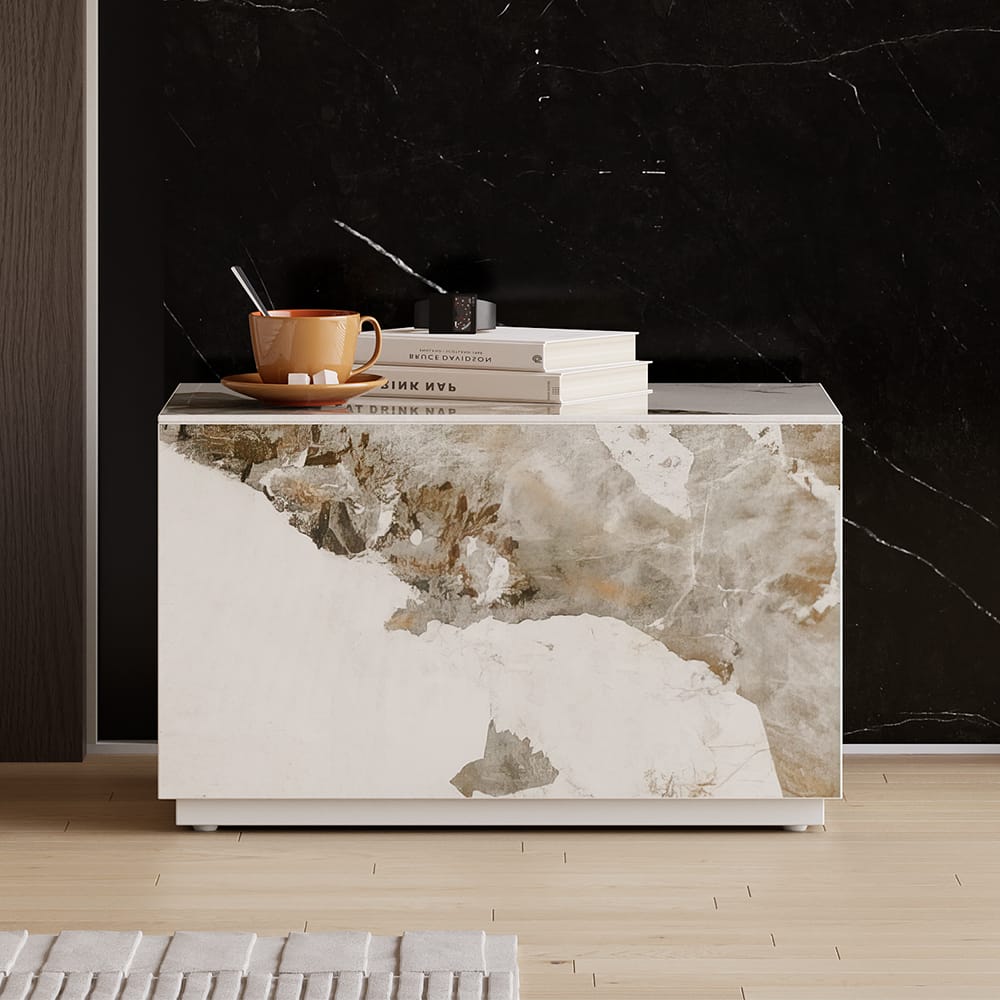 The Sicotas Collection 9 Elegant sintered stone nightstand set of 2 featuring a spacious drawer and natural veining.