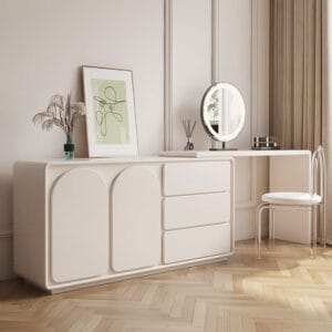This elegant off-white makeup vanity with drawers features 3 drawers and 4 shelves.