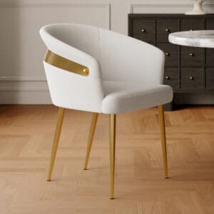 Comfortable modern white dining chair with curved back, armrests, and easy-clean PU leather.