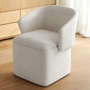 Versatile high-back white velvet vanity stool with ergonomic seating and integrated storage.