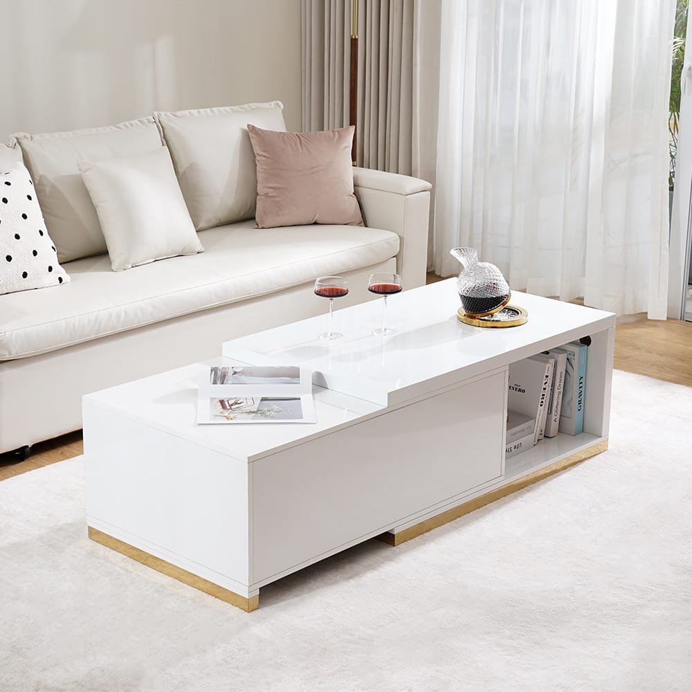 Living Room Furniture 22 Sleek glossy white coffee table with extendable design and two press-to-open drawers.