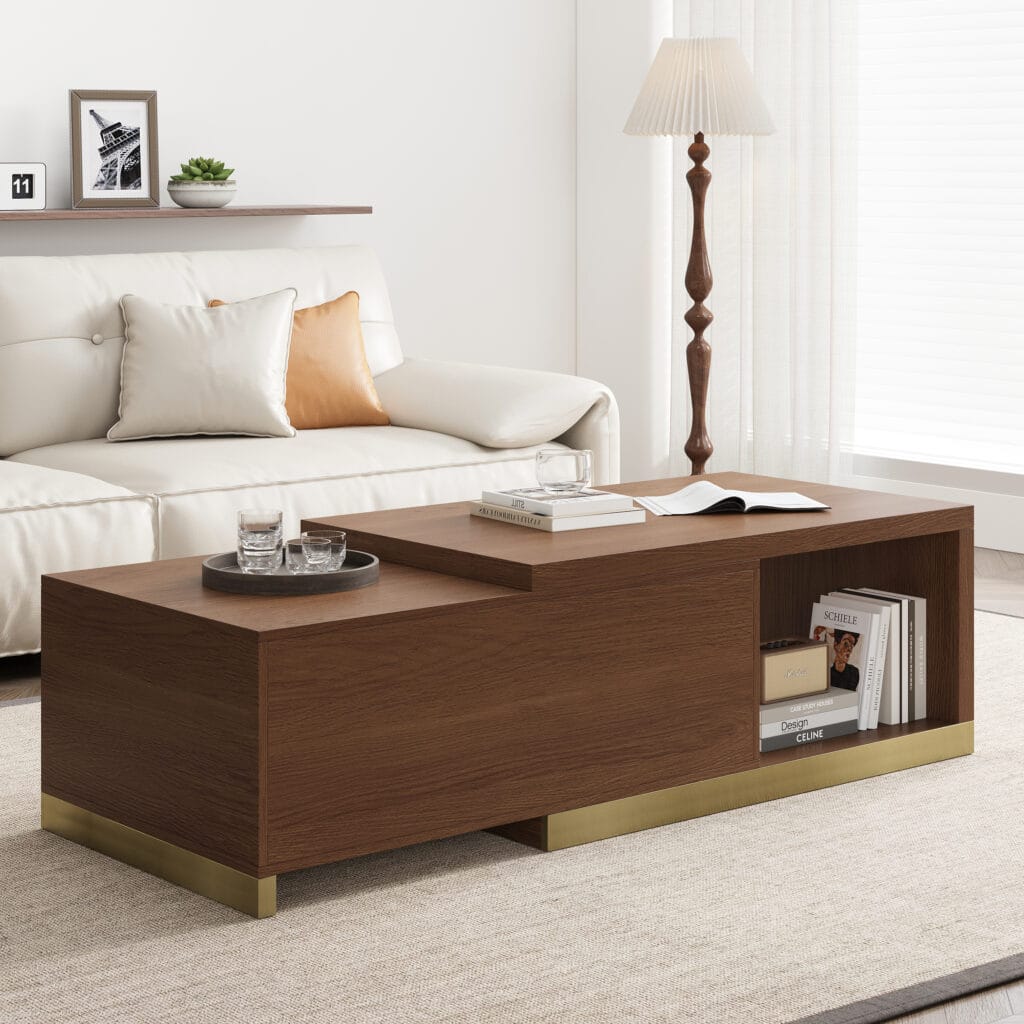 Living Room Furniture 26 Adjustable walnut extendable coffee table with integrated storage for versatile living room use.