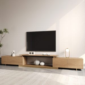 Stylish modern extendable TV stand adjusts from 63″ to 94″ with hidden storage.