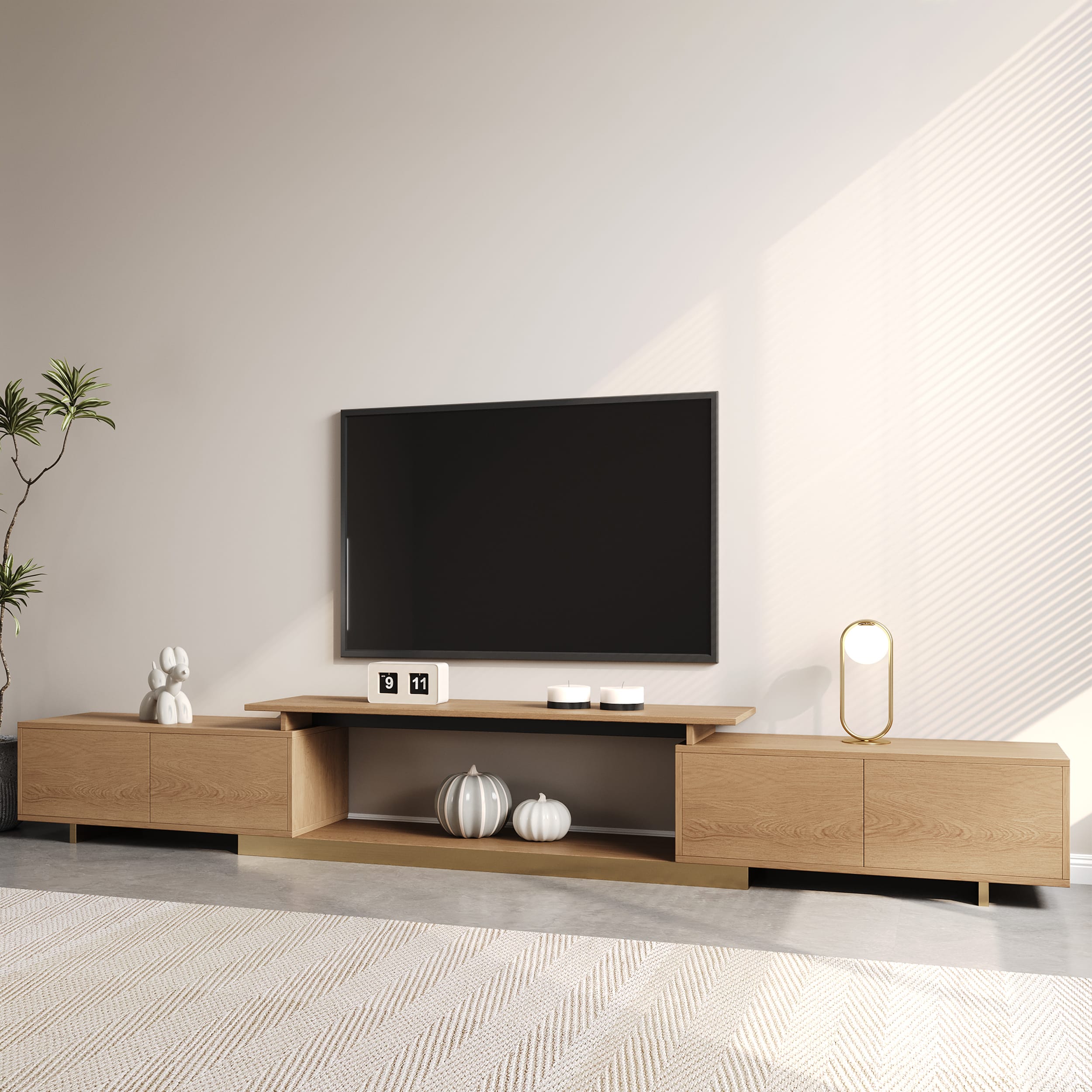Natural Extendable TV Stand Storage 1 Stylish modern extendable TV stand adjusts from 63″ to 94″ with hidden storage.
