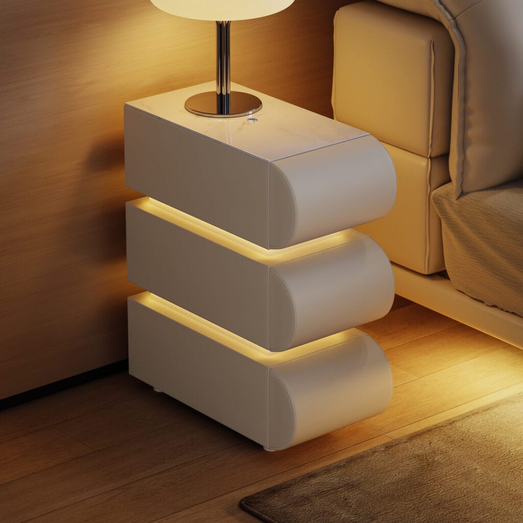 Compact leather 3-drawer nightstand featuring a sintered stone top and ambient lighting.